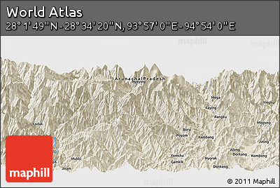 Shaded Relief Panoramic Map of the Area around 28° 18' 5" N, 94° 25' 30" E