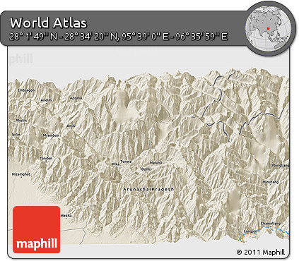 Shaded Relief 3D Map of the Area around 28° 18' 5" N, 96° 7' 30" E