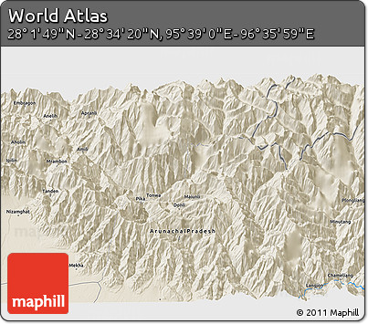 Shaded Relief 3D Map of the Area around 28° 18' 5" N, 96° 7' 30" E