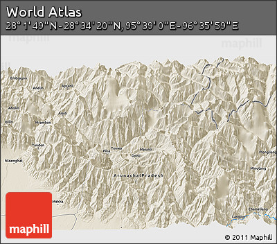 Shaded Relief 3D Map of the Area around 28° 18' 5" N, 96° 7' 30" E