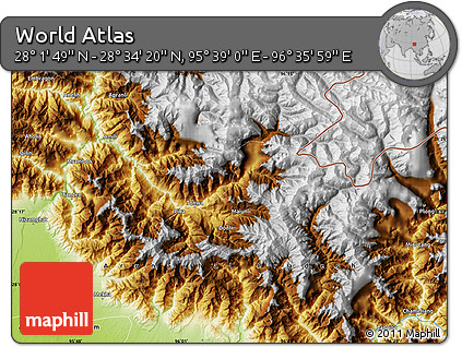 Physical Map of the Area around 28° 18' 5" N, 96° 7' 30" E