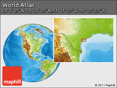 Physical Location Map of the Area around 28° 18' 5" N, 96° 49' 29" W