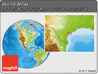 Physical Location Map of the Area around 28° 18' 5" N, 96° 49' 29" W
