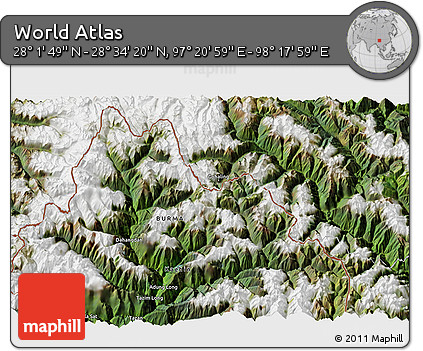 Satellite 3D Map of the Area around 28° 18' 5" N, 97° 49' 29" E