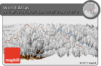 Physical Panoramic Map of the Area around 28° 18' 5" N, 97° 49' 29" E