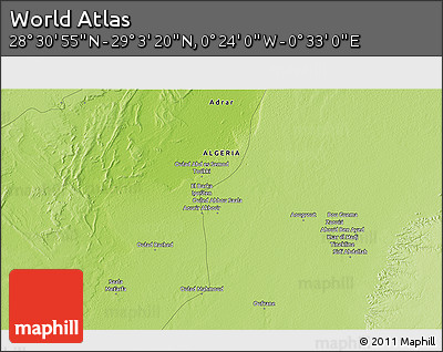 Physical 3D Map of the Area around 28° 47' 8" N, 0° 4' 30" E