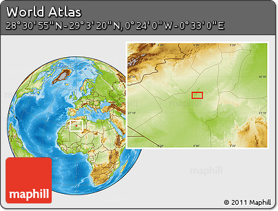 Physical Location Map of the Area around 28° 47' 8" N, 0° 4' 30" E