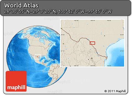 Shaded Relief Location Map of the Area around 28° 47' 8" N, 100° 13' 29" W