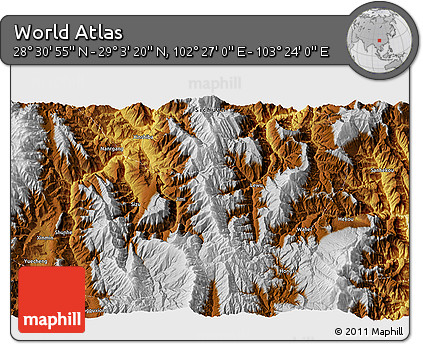 Physical 3D Map of the Area around 28° 47' 8" N, 102° 55' 30" E