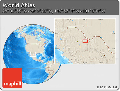 Shaded Relief Location Map of the Area around 28° 47' 8" N, 104° 28' 29" W