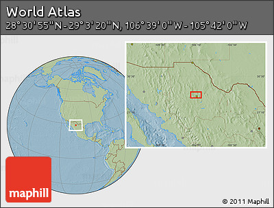 Savanna Style Location Map of the Area around 28° 47' 8" N, 106° 10' 30" W, hill shading