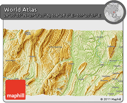 Physical 3D Map of the Area around 28° 47' 8" N, 108° 52' 30" E