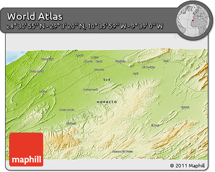 Physical 3D Map of the Area around 28° 47' 8" N, 10° 7' 30" W