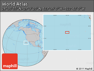 Gray Location Map of the Area around 28° 47' 8" N, 123° 10' 30" W