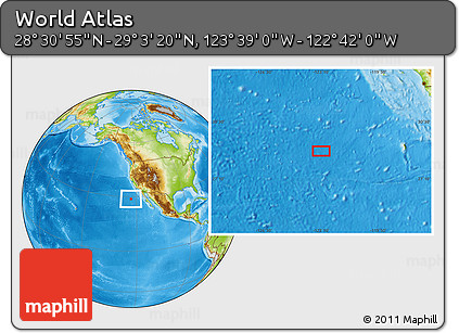 Physical Location Map of the Area around 28° 47' 8" N, 123° 10' 30" W