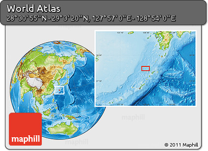 Physical Location Map of the Area around 28° 47' 8" N, 128° 25' 30" E