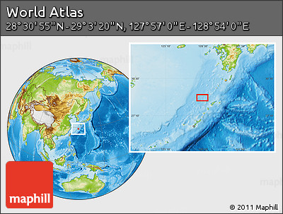 Physical Location Map of the Area around 28° 47' 8" N, 128° 25' 30" E