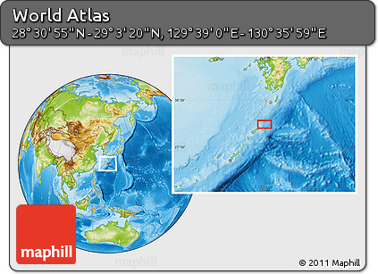 Physical Location Map of the Area around 28° 47' 8" N, 130° 7' 30" E