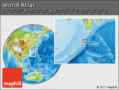 Physical Location Map of the Area around 28° 47' 8" N, 130° 7' 30" E