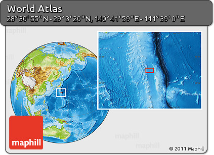 Physical Location Map of the Area around 28° 47' 8" N, 141° 10' 30" E