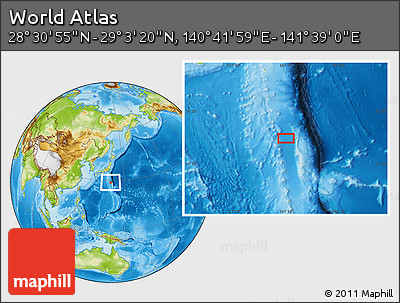 Physical Location Map of the Area around 28° 47' 8" N, 141° 10' 30" E