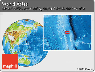 Physical Location Map of the Area around 28° 47' 8" N, 141° 10' 30" E