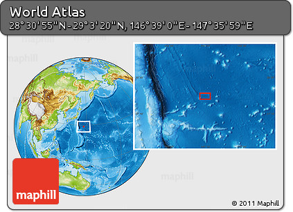 Physical Location Map of the Area around 28° 47' 8" N, 147° 7' 30" E