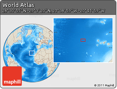 Shaded Relief Location Map of the Area around 28° 47' 8" N, 21° 10' 29" W