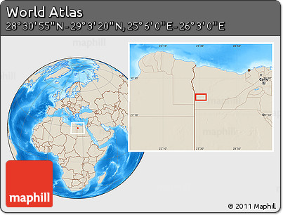 Shaded Relief Location Map of the Area around 28° 47' 8" N, 25° 34' 30" E