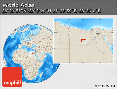 Shaded Relief Location Map of the Area around 28° 47' 8" N, 28° 7' 30" E
