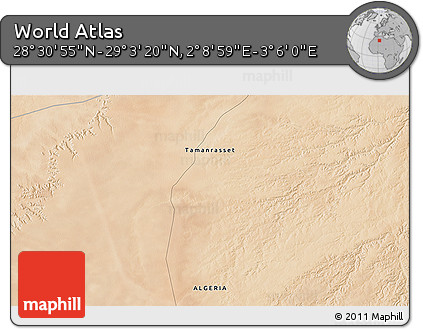Satellite 3D Map of the Area around 28° 47' 8" N, 2° 37' 30" E