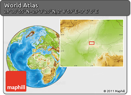 Physical Location Map of the Area around 28° 47' 8" N, 2° 37' 30" E