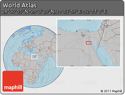 Gray Location Map of the Area around 28° 47' 8" N, 32° 22' 30" E, hill shading