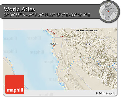Shaded Relief 3D Map of the Area around 28° 47' 8" N, 33° 13' 30" E