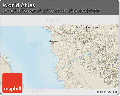 Shaded Relief 3D Map of the Area around 28° 47' 8" N, 33° 13' 30" E