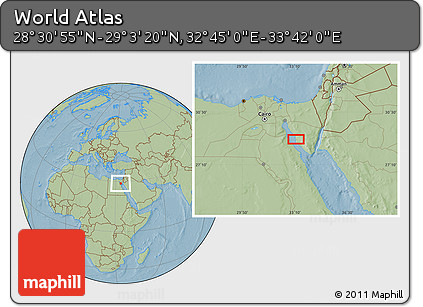 Savanna Style Location Map of the Area around 28° 47' 8" N, 33° 13' 30" E, hill shading