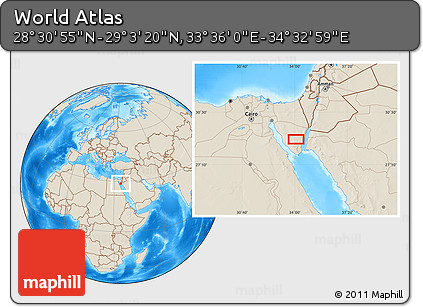 Shaded Relief Location Map of the Area around 28° 47' 8" N, 34° 4' 30" E