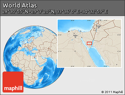 Shaded Relief Location Map of the Area around 28° 47' 8" N, 34° 4' 30" E