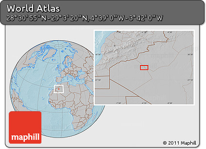 Gray Location Map of the Area around 28° 47' 8" N, 4° 10' 30" W, hill shading