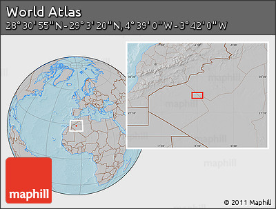 Gray Location Map of the Area around 28° 47' 8" N, 4° 10' 30" W, hill shading