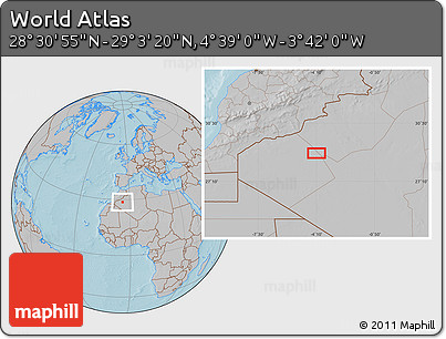 Gray Location Map of the Area around 28° 47' 8" N, 4° 10' 30" W, hill shading