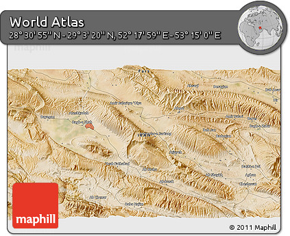 Satellite 3D Map of the Area around 28° 47' 8" N, 52° 46' 29" E