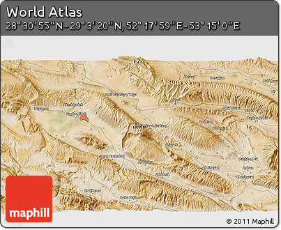 Satellite 3D Map of the Area around 28° 47' 8" N, 52° 46' 29" E