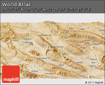 Satellite 3D Map of the Area around 28° 47' 8" N, 52° 46' 29" E