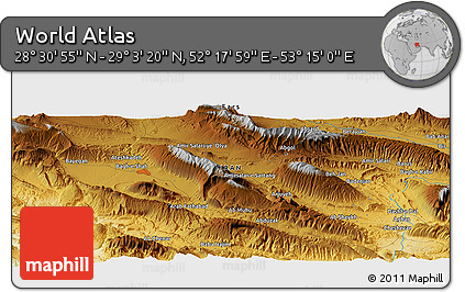 Physical Panoramic Map of the Area around 28° 47' 8" N, 52° 46' 29" E