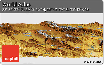 Physical Panoramic Map of the Area around 28° 47' 8" N, 52° 46' 29" E