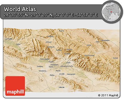 Satellite 3D Map of the Area around 28° 47' 8" N, 54° 28' 30" E