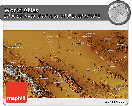 Physical 3D Map of the Area around 28° 47' 8" N, 55° 19' 30" E