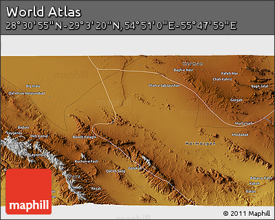 Physical 3D Map of the Area around 28° 47' 8" N, 55° 19' 30" E