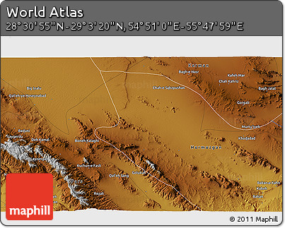 Physical 3D Map of the Area around 28° 47' 8" N, 55° 19' 30" E